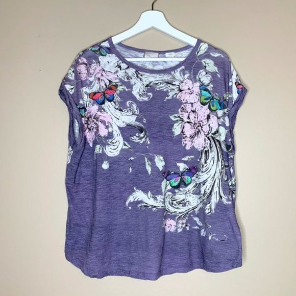 Anthropologie Postmark Butterfly & Flower Purple Tee - M - Picture 2 of 9